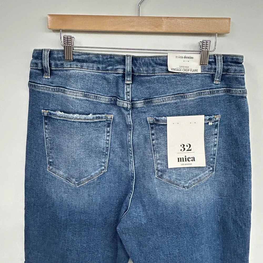 Mica Denim Super High Vintage Crop Flare Jeans 32 Medium Wash Distressed NWT